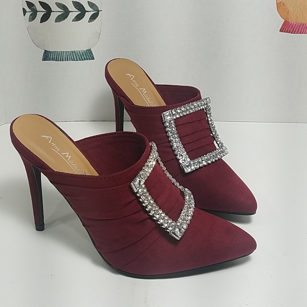 Burgundy Pleated Pointy Toe Mule Stiletto Heel
